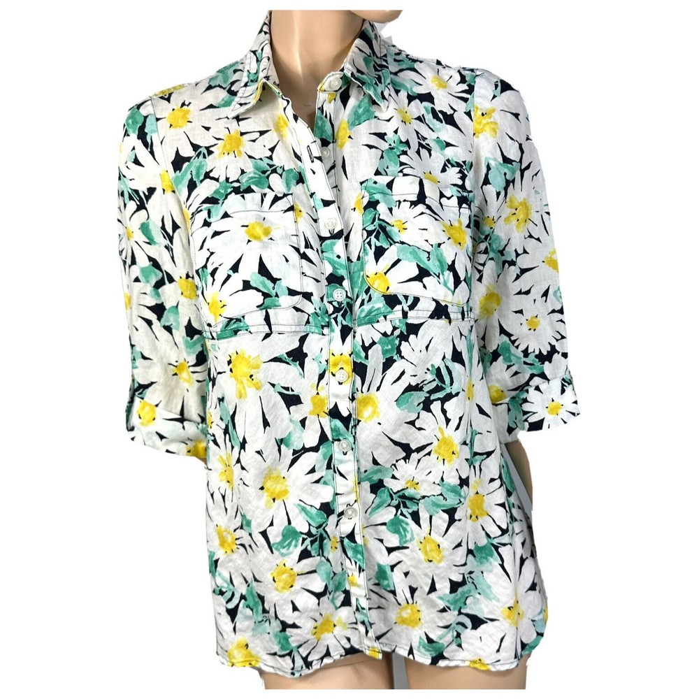 Jones New York NY Women’s 3/4 Sleeve Shirt  Size PS Floral Linen Button Up